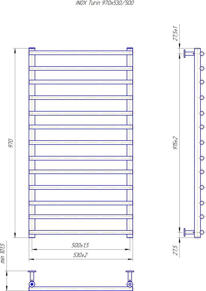 Габаритные размеры Полотенцесушитель водяной Mario INOX Турин 970х530/500