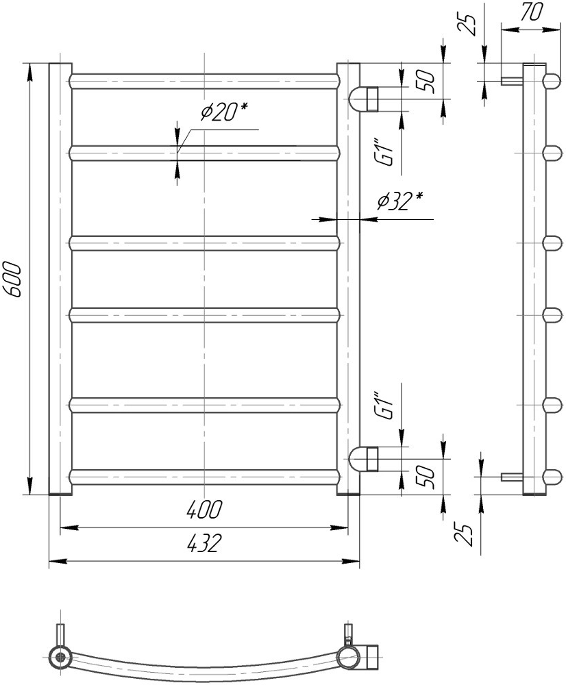 Габаритні розміри Рушникосушка водяна Mario Класік 600х450/500, 1/2", бокове підключення  