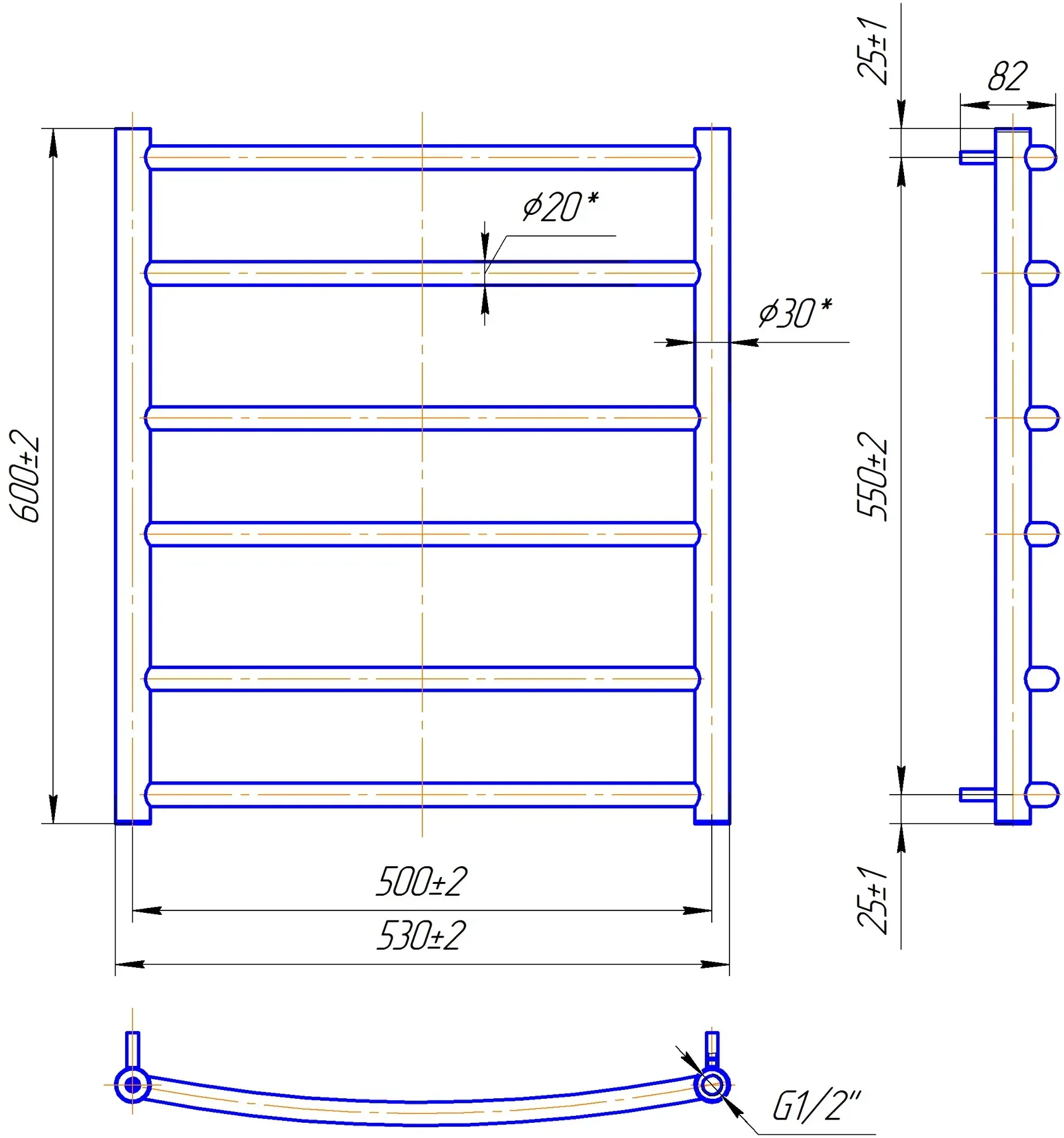 Габаритні розміри Рушникосушка водяна Mario Класік 600х530/500 чорний мат  