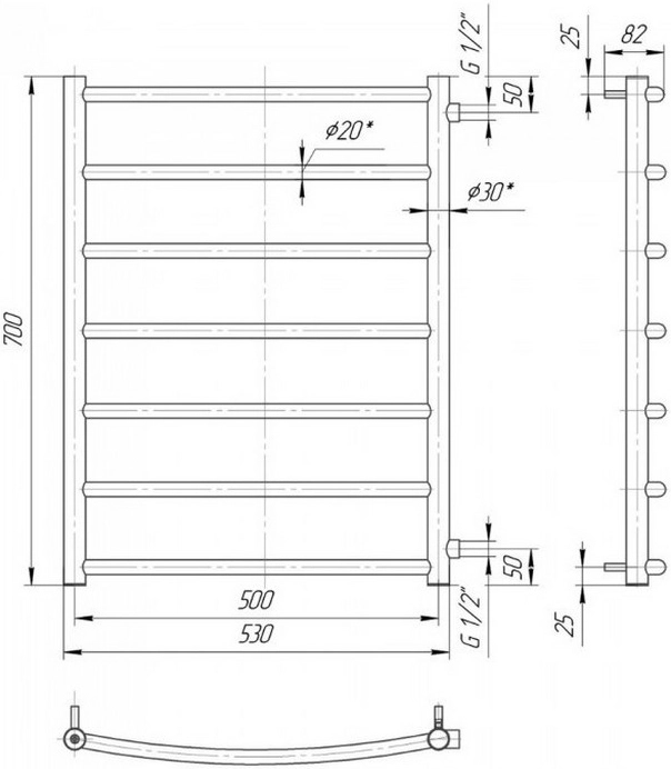 Габаритні розміри Рушникосушка водяна Mario Класік 700х550/600, 1/2", бокове підключення   