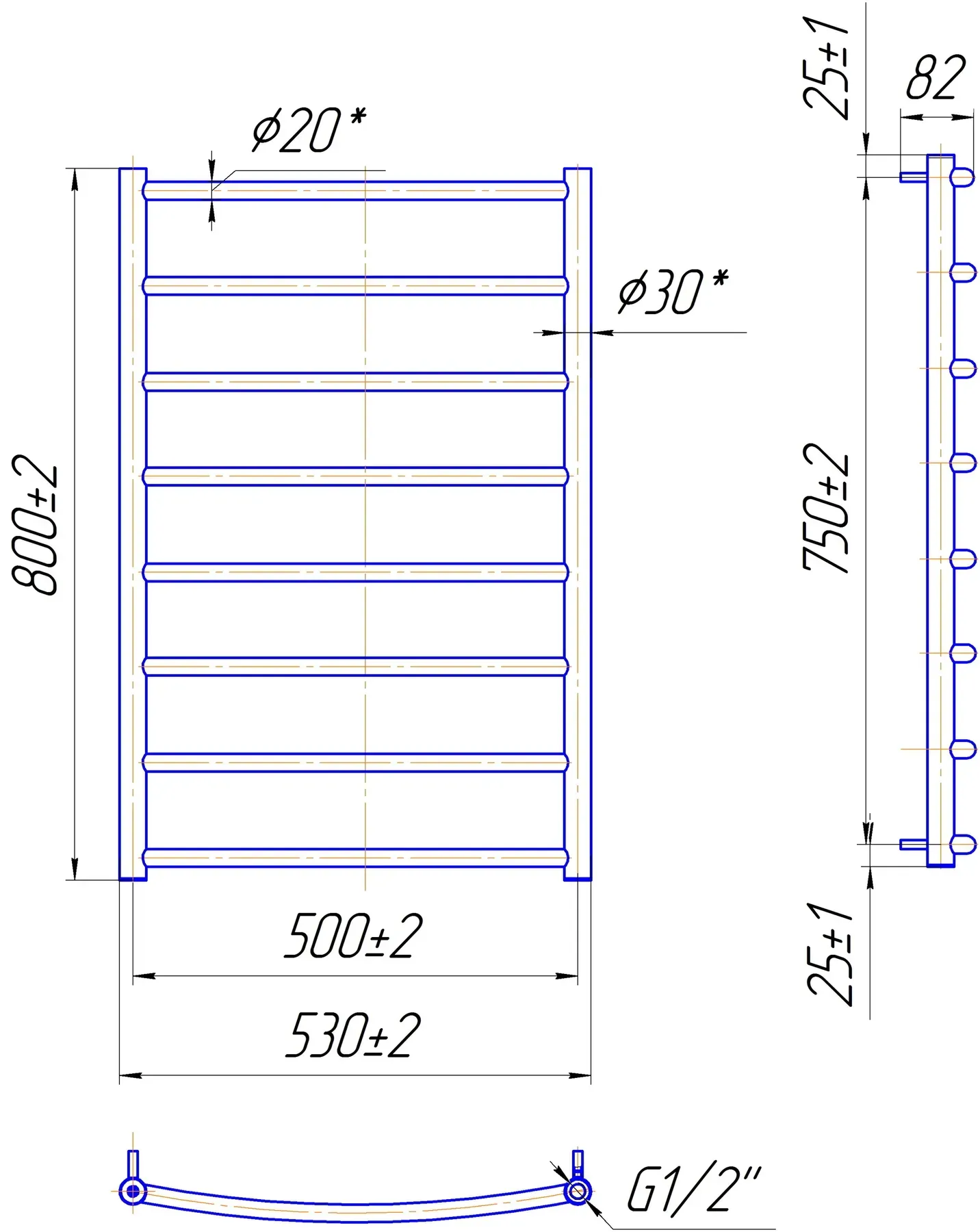 Габаритні розміри Рушникосушка водяна Mario Класік 800х530/500 чорний мат 