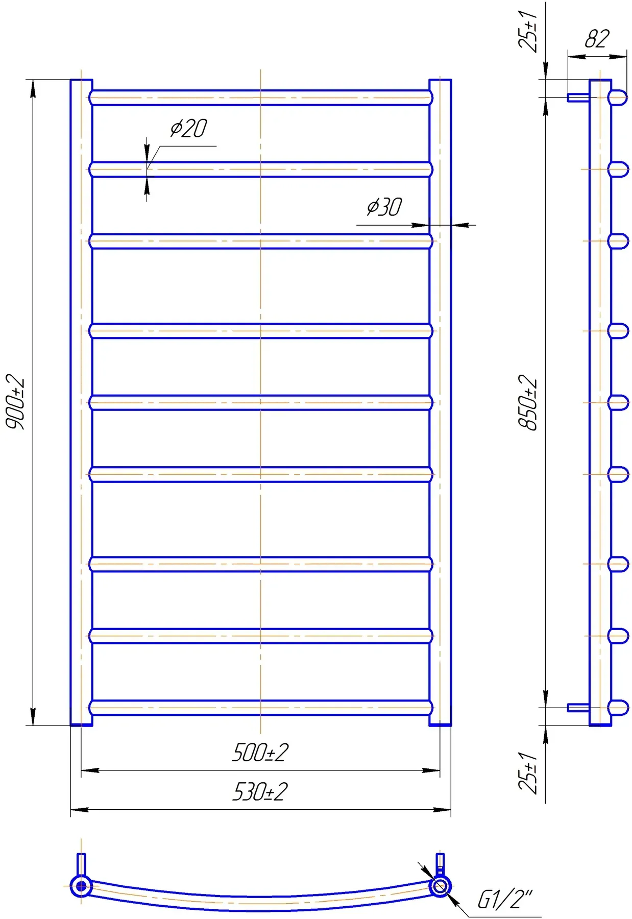 Габаритные размеры Полотенцесушитель водяной Mario Классик 900х530/500 черный мат 
