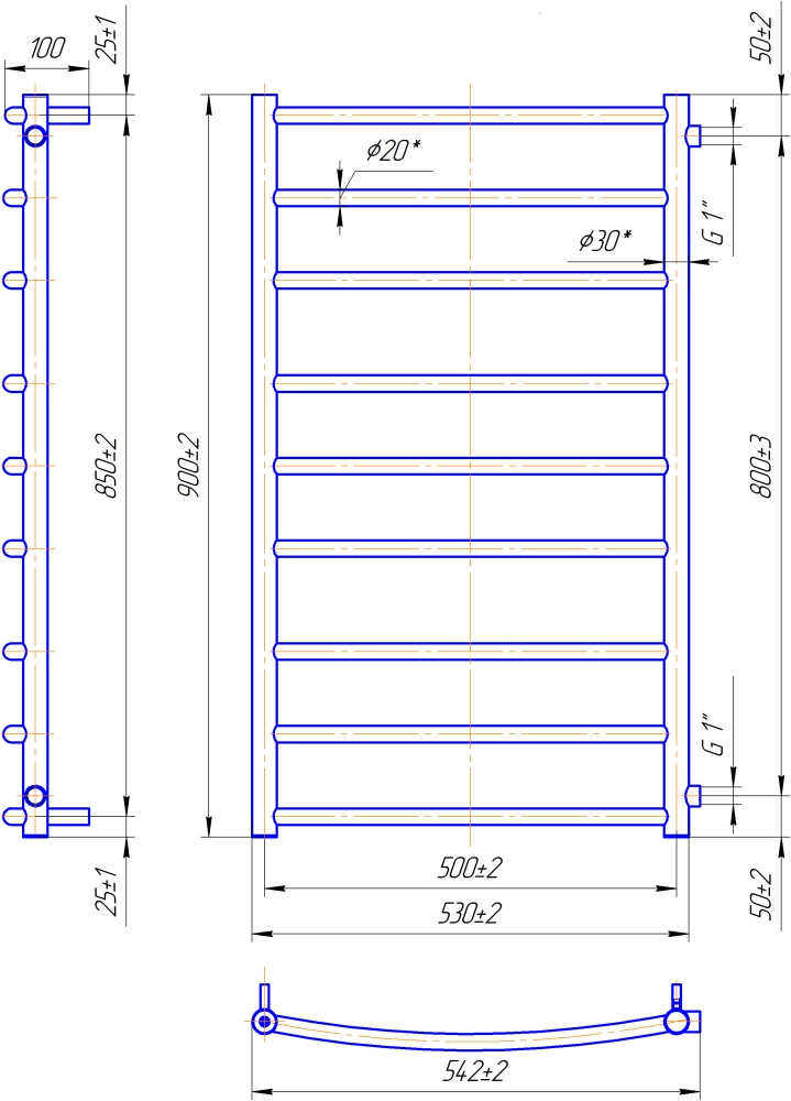 Габаритні розміри Рушникосушка водяна Mario Класік 900х550/800 1/2" , бокове підключення   