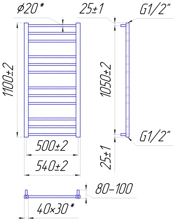 Габаритні розміри Рушникосушка водяна Mario Преміум Класік 1100х540/500 сатин
