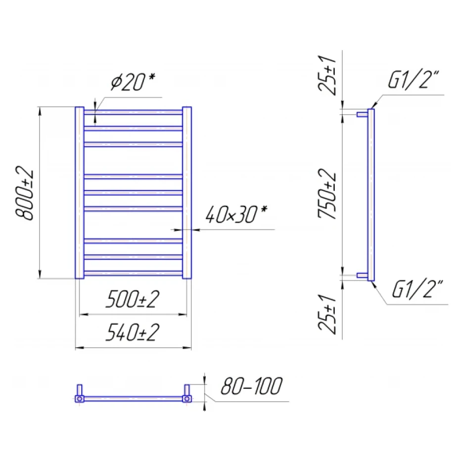 Габаритні розміри Рушникосушка водяна Mario Преміум Класік 800х540/500 сатин