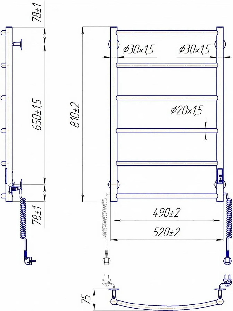 Габаритні розміри Рушникосушка електрична Mario Класік НР-І 800х530/85 TR К чорний мат