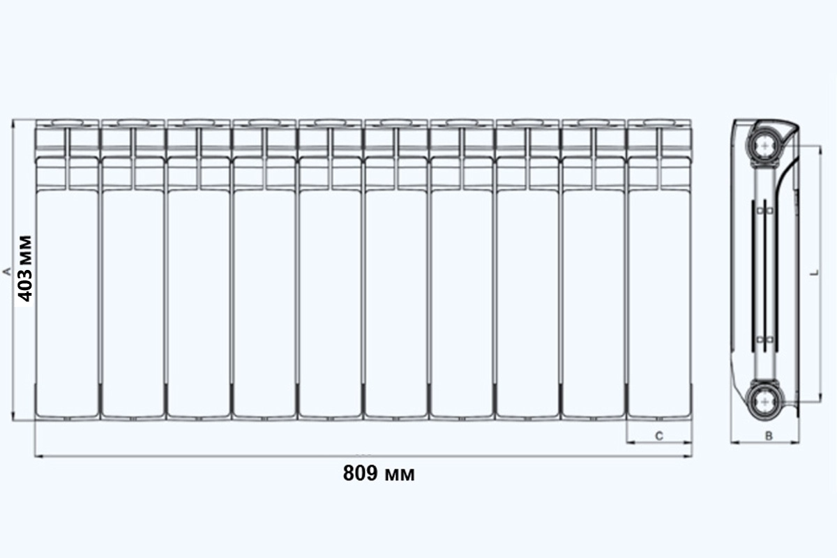 Габаритні розміри Біметалевий радіатор Mirado БМ 350х100