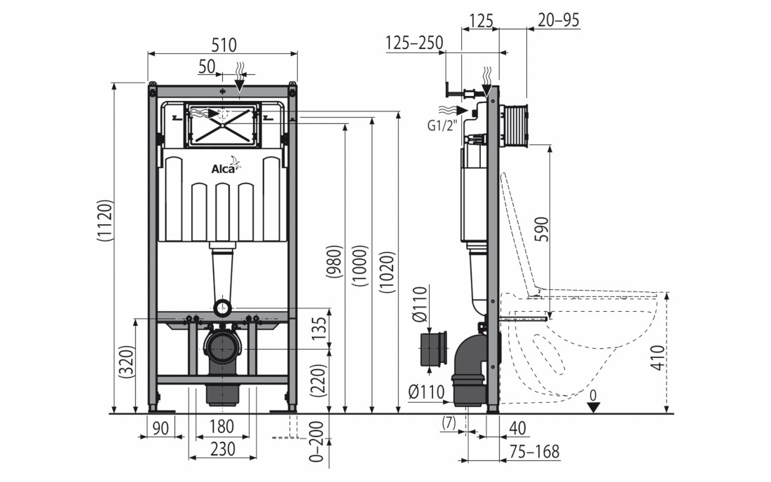 Габаритні розміри інсталяції для унітазу ALCAPLAST AM101/1120 4:1 UA M571-00