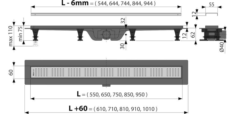 Габаритные размеры желоба Alcaplast APZ10-550M Simple