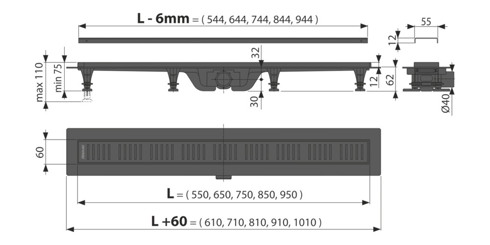 Габаритні розміри ринви Alcaplast APZ10-650 Black