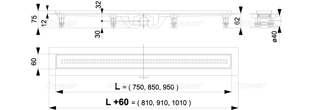 Габаритные размеры Водосточный желоб Alcaplast APZ9-750M Simple