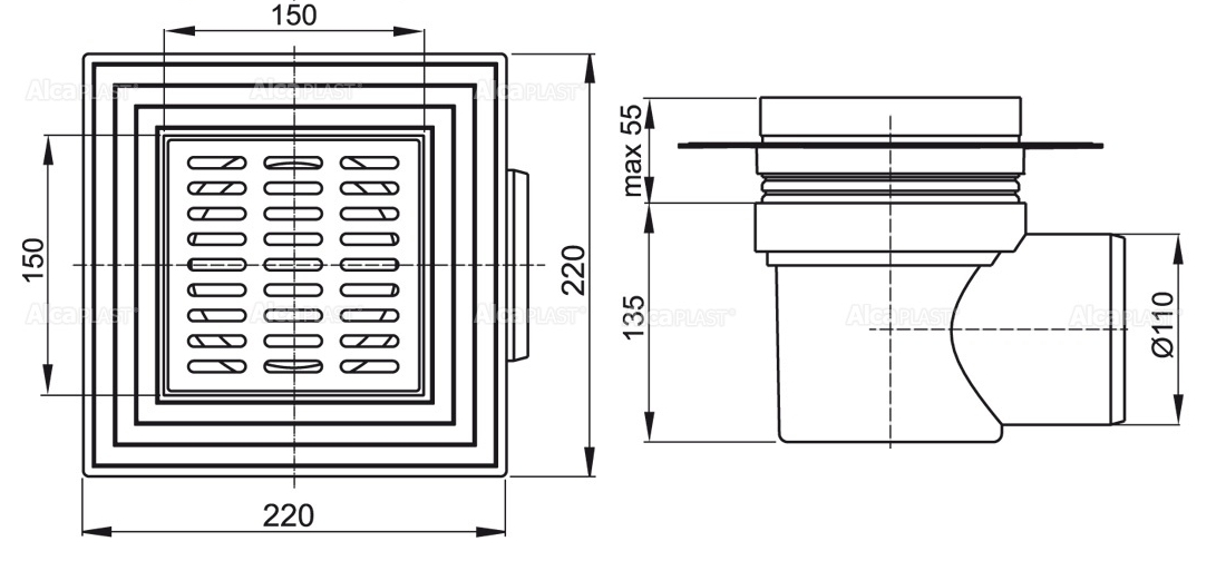 Габаритные размеры сливного трапа AlcaPlast APV12