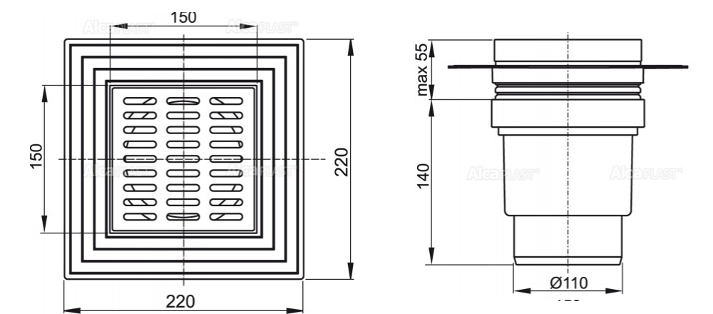 Габаритные размеры сливного трапа AlcaPlast APV13