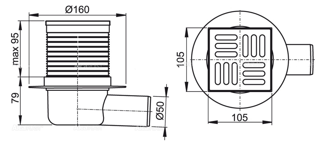 Габаритные размеры сливного трапа Alcaplast APV31
