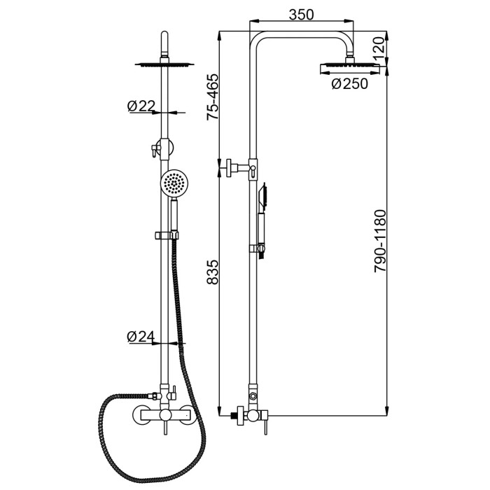 Описание размеров душевой системы WEZER EKO16B-01