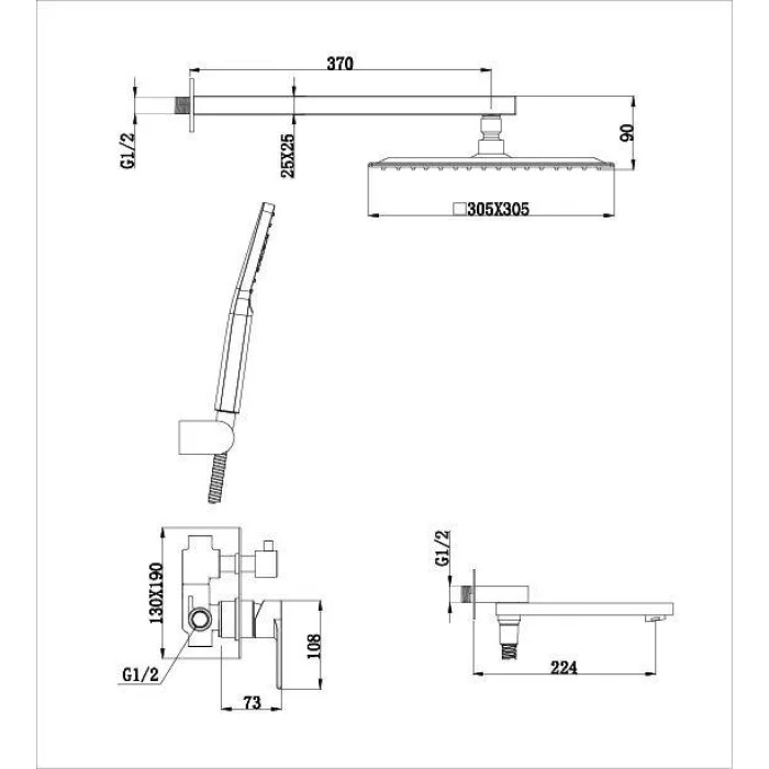 Описание размеров встроенной системы для душа GAPPO G7199-20