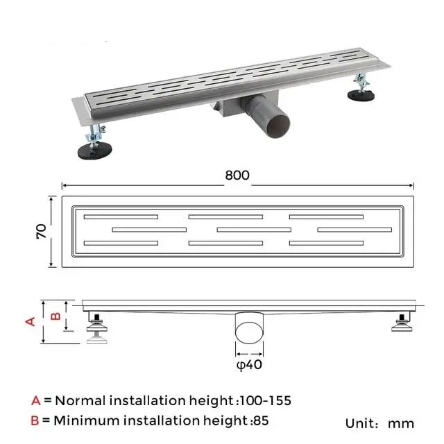 Размеры Душевой трап GAPPO G88007-1 70x800мм, нержавеющая сталь.