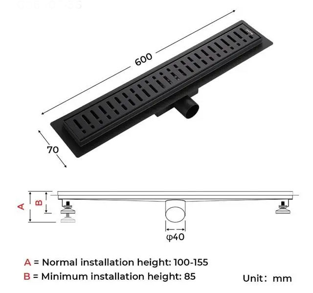 Габаритні розміри Душовий трап GAPPO G86007-36  600 мм
