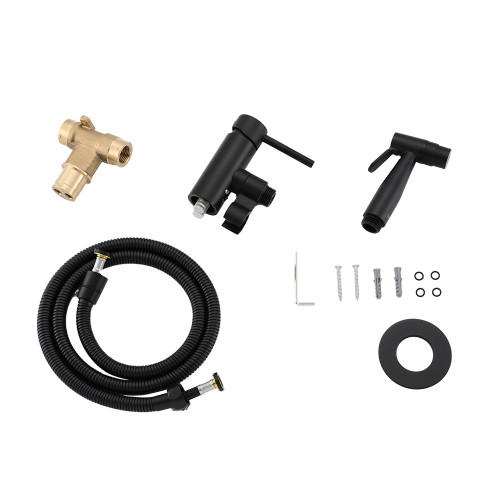 Латунний T-з’єднувач: 1 шт Чорний шланг з металевими кінцями: 1 шт Чорна пластикова ручка для розпилення: 1 шт Чорна пластикова ручка з ручкою: 1 шт Прозорі ущільнювачі: 4 шт Металеві гвинти: 2 шт Металеві гайки: 4 шт Чорна прокладка: 1 шт