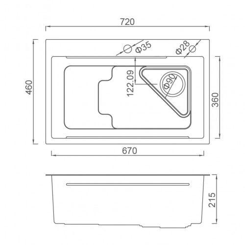 Схематичне зображення розмірів кухонної мийки GAPPO GS7246-6