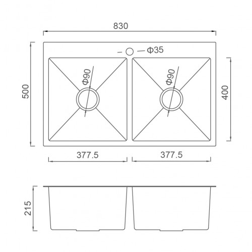 Схематичне зображення розмірів кухонної мийки GAPPO GS6050-6
