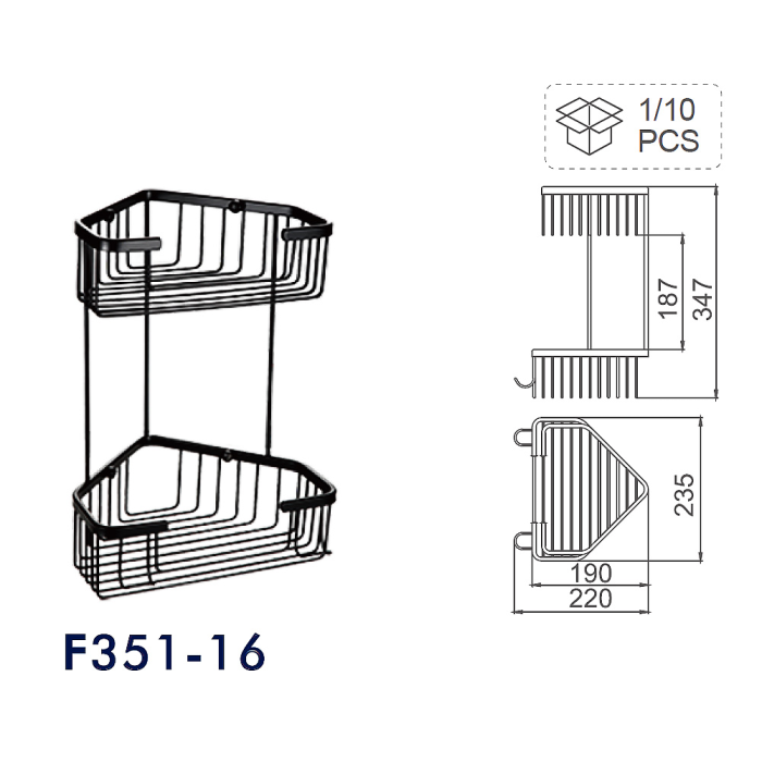 Опис розмірів кутової подвійної полички F351-16 з гачками (нержавіюча сталь, чорна)