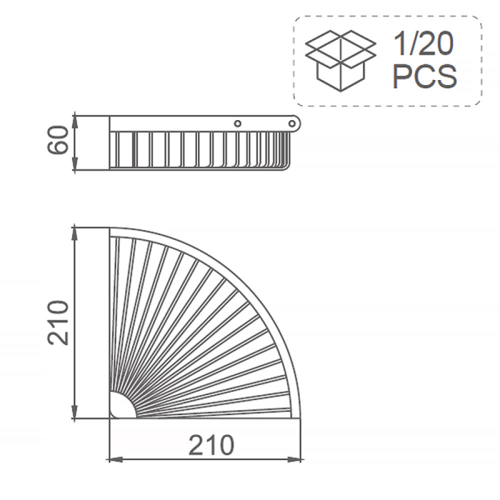 Описание размеров угловой одинарной полочки с крючками Frap F352-6 (нержавеющая сталь, черная)