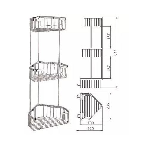Описание размеров угловой полочки Frap F351-2, трехъярусная (нержавеющая сталь, хром)