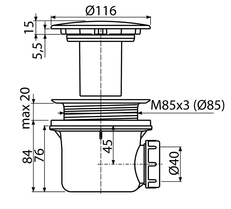 Размеры Сифон для душевого поддона KollerPool P90CPM LUX металл (A49K)
