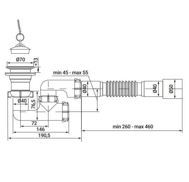 Габаритні розміри Сифон для душового піддону Zerix SD-02 з ревізією та випуском 