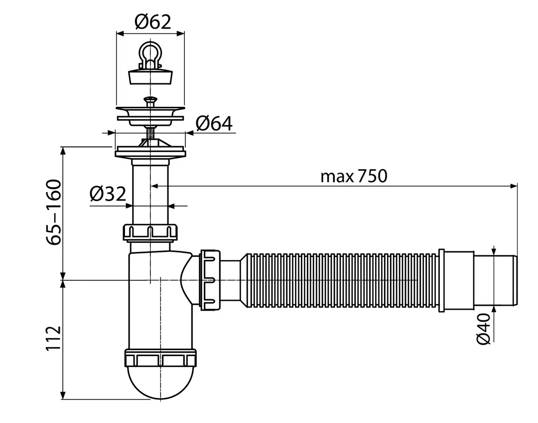 Розміри Сифон для умивальника KollerPool R40CF d40 з з гнучким з'єднанням (A41+A710) 