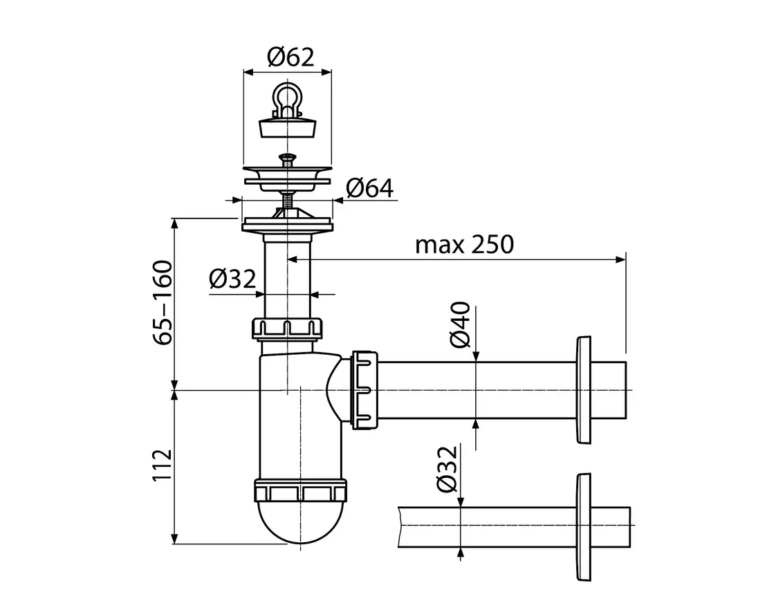 Сифон для умивальника KollerPool R40LC d40 з нержавіючою решіткою d63 (A41) 