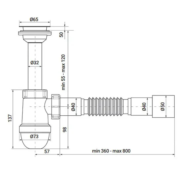 Габаритні розміри Сифон для умивальника Zerix SU-01 1 1/4"x40 з литим випуском 