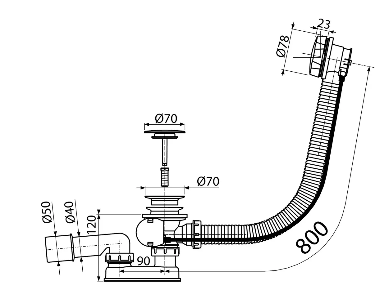 Розміри Сифон для ванни Koller Pool B70CPMA80 80cm автомат, метал (A55KM-80) 