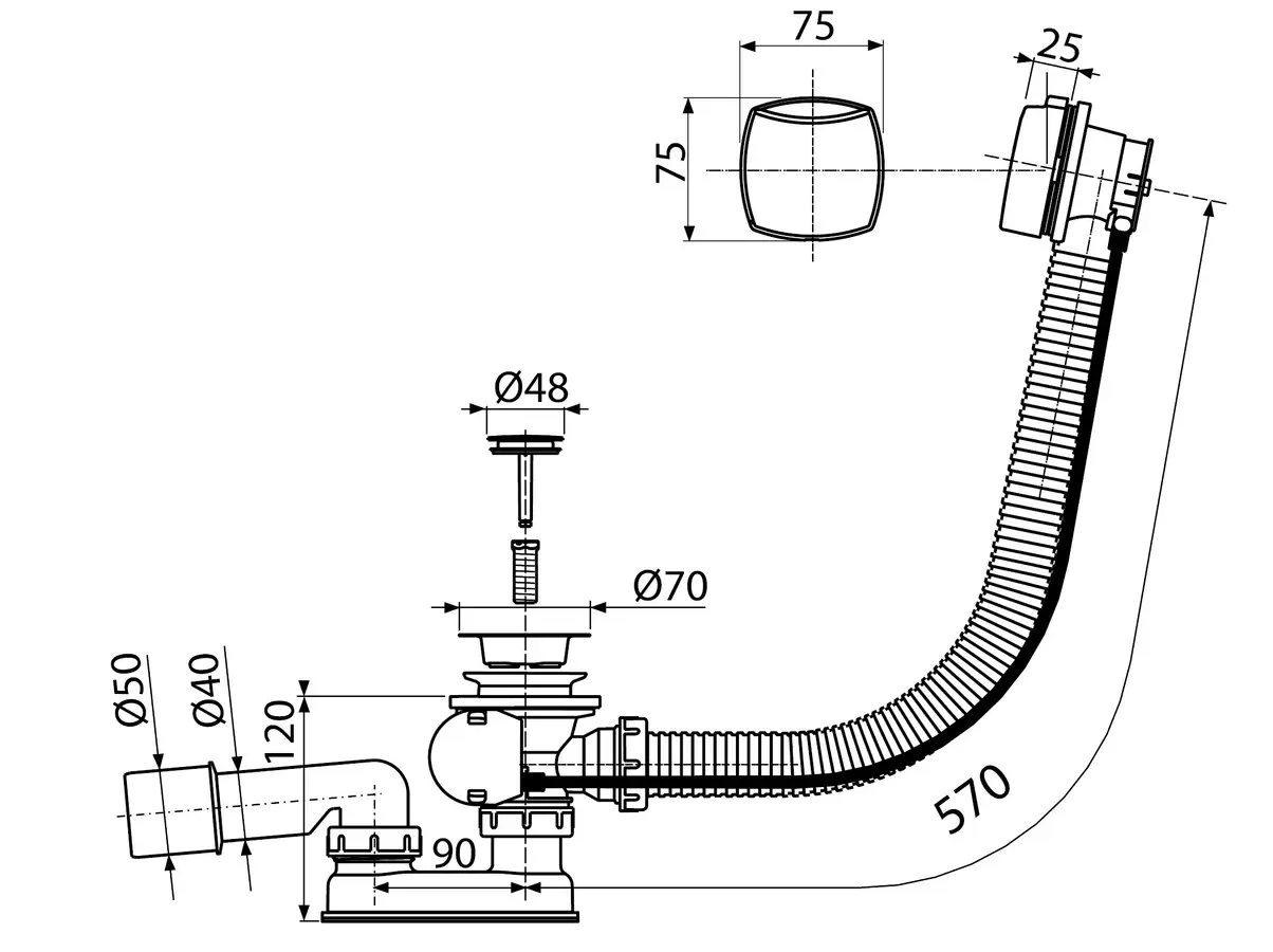 Розмір Сифон для ванни KollerPool B70CLPA автомат хромований, квадратний перелив 
