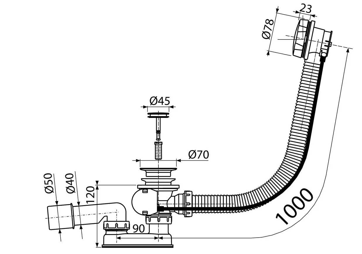 Размеры Сифон для ванны KollerPool B70CMMA100 100cm автомат, металл (A55K-100-KOL-01)