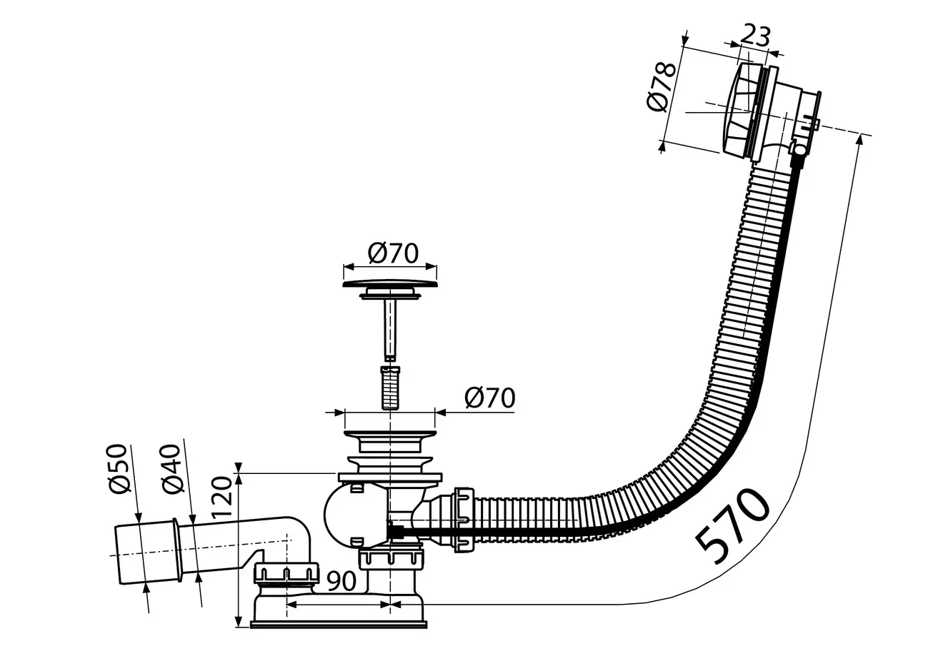 Размеры Сифон для ванны KollerPool B70CPMA57 57cm автомат, металл (A55KM)
