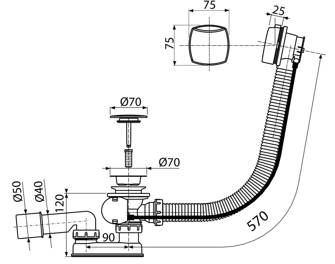 Розміри Сифон для ванни KollerPool B70CPPA автомат хромований, квадратний перелив    