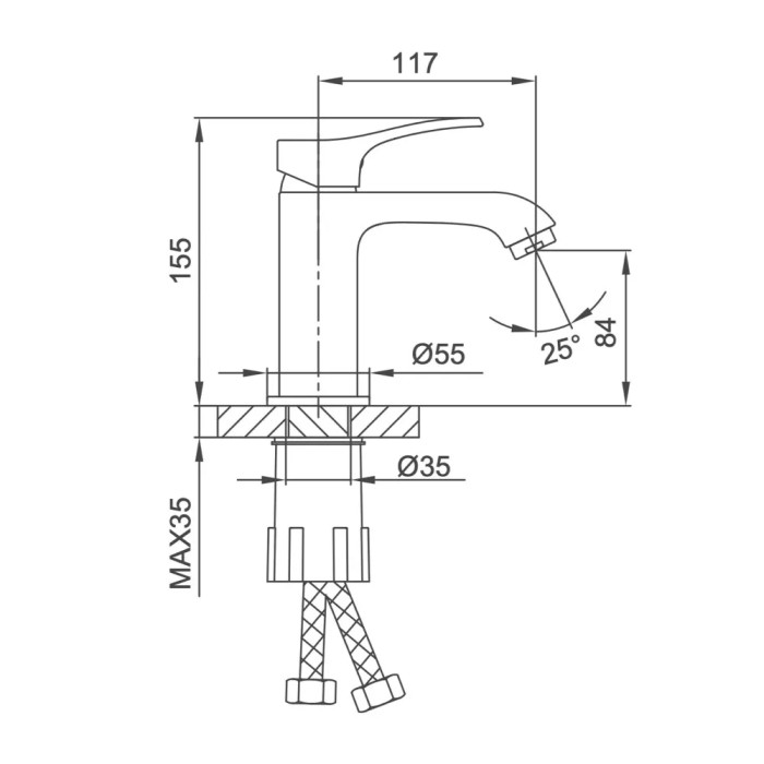 Схематичне зображення розмірів змішувача для умивальника Frap F1075