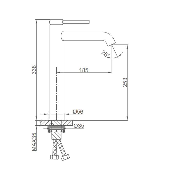 Схематичне зображення розмірів змішувача для умивальника Gappo G1006-29
