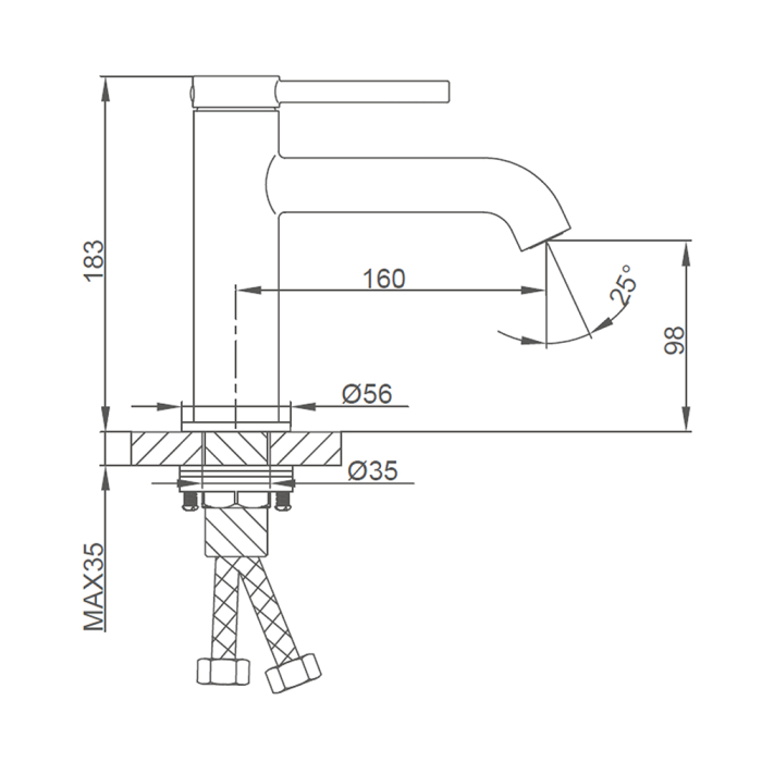 Схематичне зображення розмірів змішувача для умивальника Gappo G1006-6