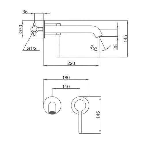 Схематичне зображення розмірів змішувача для вбудованого умивальника G1206-9