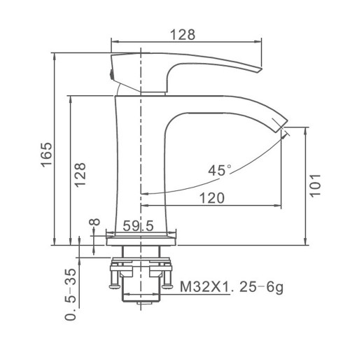 Схематичне зображення розмірів змішувача для умивальника Gappo G1007-4