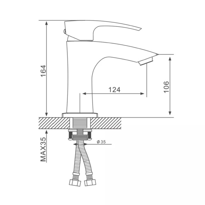 Схематичне зображення розмірів змішувача для умивальника GAPPO G1007-13