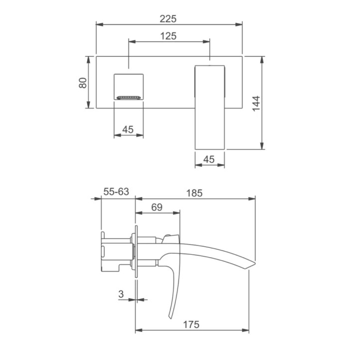 Схематичне зображення розмірів змішувача для умивальника Gappo G1007-2