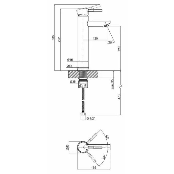 Схематичне зображення розмірів змішувача для умивальника WEZER EKO11A-01-BLACK