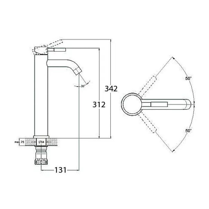 Схематичне зображення розмірів змішувача для умивальника WEZER EKO11С-01