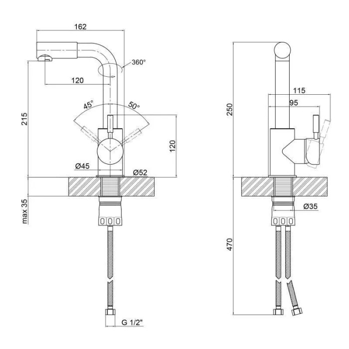 Схематичне зображення розмірів змішувача для умивальника WEZER EKO1B-01