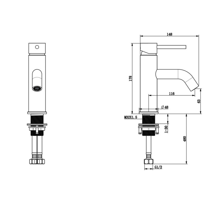 Схематичне зображення розмірів змішувача для умивальника WEZER EKO1C-01