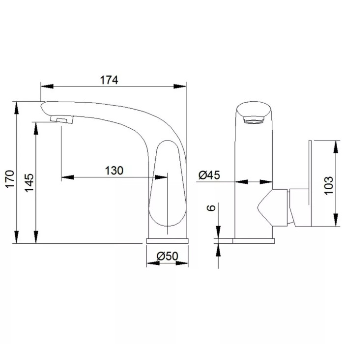 Схематичне зображення розмірів змішувача для умивальника Gappo G1006-29